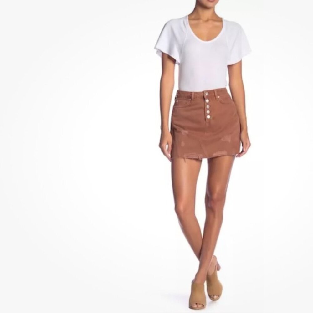 Free People Mini Skirt Denim Distressed Button Fly WE THE FREE A-Line‎ Size 29